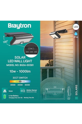 Braytron Solaris 10w Sensörlü Solar Led Duvar Apliği 3 Renk Seçenekli 10 W