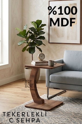 C Sehpa Dikdörtgen, Tekerlekli Yan Sehpa, %100 Mdf Yan Sehpa Ceviz