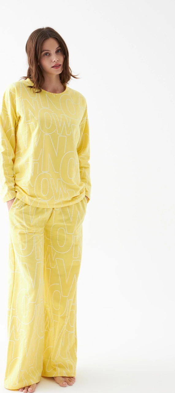 Akbeniz Kadın Oversize Sarı Desenli Pamuklu Kalın Pijama Takımı Sarı