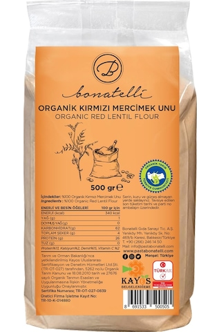 Bonatelli Organik Kırmızı Mercimek Unu 500 G