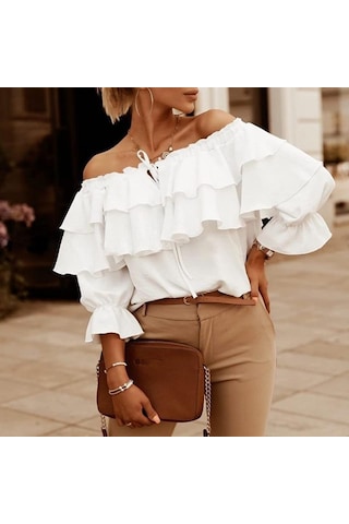 Yaz Kadın T-shirt Tek Boyun Şifon Gömlek Kadın Elastik Omuz Kravat Fırfır Üstleri Rahat Gevşek Orta Kollu Beyaz