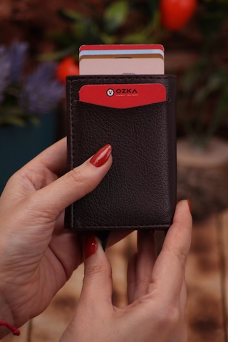 Özka Leather Suni Deri Mekanizmalı Vegan Deri Kartlık Cüzdan Portföy Kahverengi Siyah