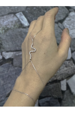Zirkon Taşlı Yılan Figürlü Gümüş Şahmeran Bileklik 925 Ayar, Şık Tasarım - Rodyum Renk