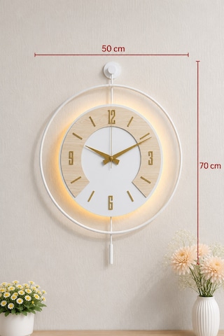 Pey Aksesuar Işıklı Orijinal Metal- İskandinav Metal Duvar Saati 50x70 Büyük Boy Cm Metal Ahşap Ve Işığın Muhteşem Uyumu Duvar Saati Dekoratif Ahşap-m54-beyaz-beyaz-akça-gold