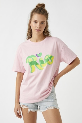 Hoxie Kadın Pembe Rio Baskılı Oversize Bisiklet Yaka Tişört