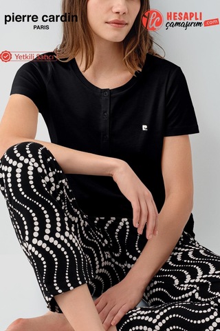 Pierre Cardin Premium Kadın Büyük Beden Modal Pamuklu Rahat Kalıp Kısa Kollu Pijama Takım Siyah