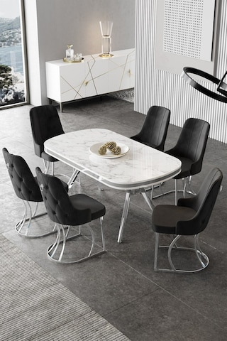 Canisa Epal Serisi 90x168 Lak Panel Beyaz Mermer Desen Masa Takımı Krom Ayaklı 6 Siyah Sandalye Beyaz Mermer Desen Masa Sandalyeler Siyah