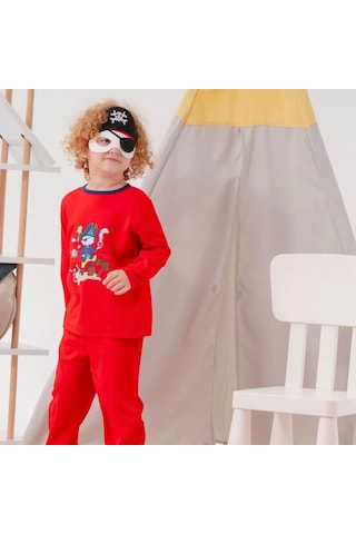 Korsan Desenli Çanta Ve Maskeli % 100 Pamuk Erkek Çocuk Pijama Takımı Kırmızı