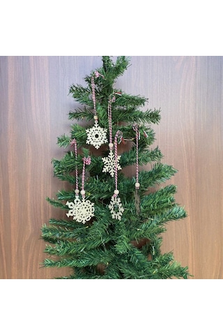 Pilli Peri Ledli 6 Parça Kırmızı Beyaz İpli Kar Tanesi Model Ahşap Yılbaşı Ağaç Süsü 5365