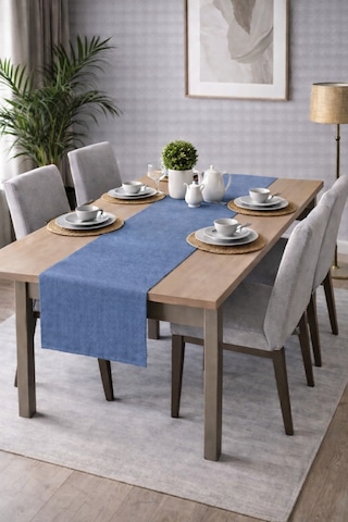 Perdeyap1980 Kadife Dokulu Açık İndigo Renk Ada Serisi Runner 40 X 140 Cm Açık Indigo