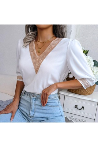 2023 Yaz Gevşek V Yaka Gömlek Bahar Kadın Zarif Dantel Şifon Yarım Kollu Bluz Casual Kazak Blusas Para Mujer Tops 25127 Siyah