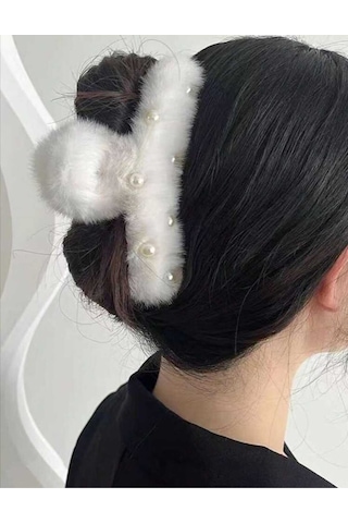 Büyük Boy İnci Peluş Mandal Toka 12 Cm Beyaz