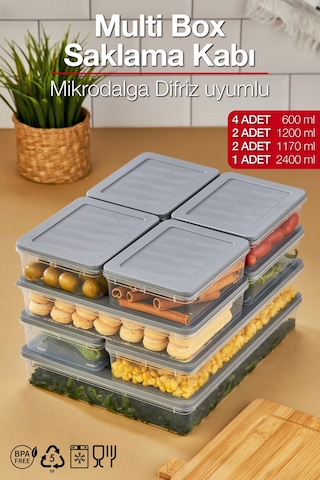 Multi Box 9 Parça 4 Farklı Boy Saklama Kabı Seti - Dondurucu & Mikrodalga Uyumlu Gri