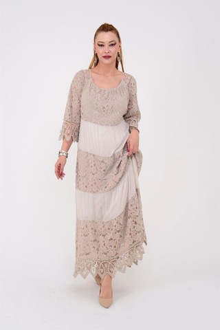 Eren Style İtalyan Sunshine İpek Detaylı Dantelli Elbise-9033 KREm Krem