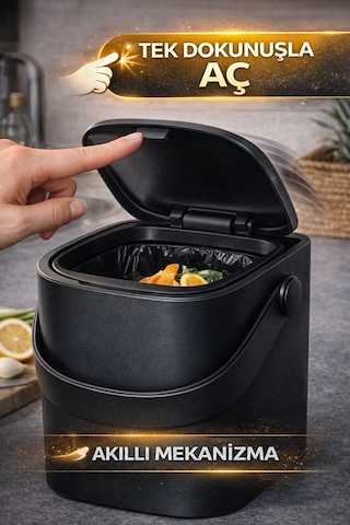 Siyah Akıllı Kapaklı Tezgah Üstü Çöp Kovası İç Kovalı Tutma Saplı Pratik Mutfak Çöp Kutusu 4 Litre Diğer