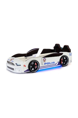 Türk Polis Arabalı Yatak Kapıları Açılan Mustang Full Ledli Kumandalı Ve Müzikli + Ortopedik Yatak