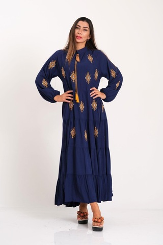 Kadın Lacivert Önü Ve Kolları Otantik Nakışlı Eteği Kat Kat Uzun Elbise-lacivert