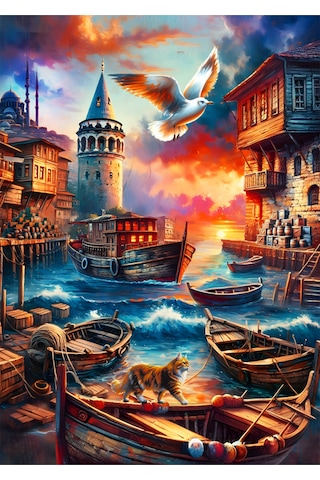 2 Adet 1000 Parça Puzzle - Galata Kulesi Manzaralı Ve Limanda Sakinlik Yapboz 68x48 Cm