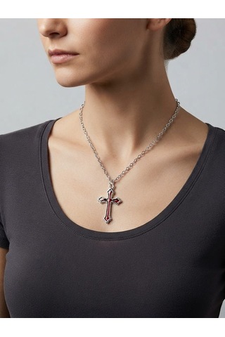 Erkek Haç Kolye Gümüş Renk Metal Zincir Kolye Gotik Tarz Şık Unisex Kolye Hc96 Kırmızı