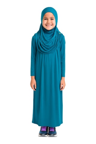 Penye Kendinden Başörtülü Çocuk Namaz Elbisesi Petrol Mavisi/ 6-7-8 Yaş Petrol