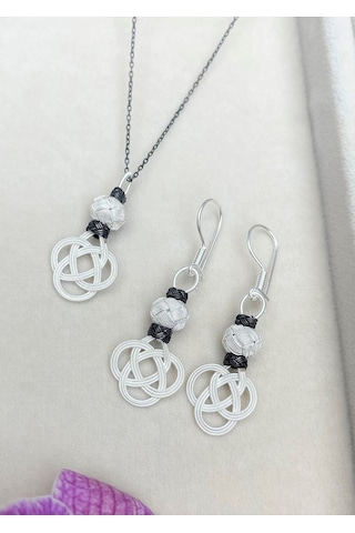 Gümüş Kazaziye Şems Düğümü Kolye Küpe Set - Set09