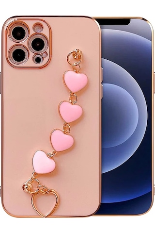 Ally Apple iPhone Uyumlu 12 Pro 6.1inç Kılıf Kalp Bileklik Tutuculu Lüx Silikon Askılı Kılıf- 5775 Mor