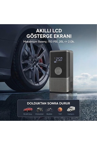 Bike Sky 10.000mah Dijital Ekranlı Araba Akü Takviye'li Kompresör Araç Lastik Şişirme Hava Pompası - 150psı