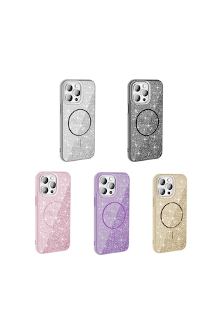 Zore Apple Uyumlu iPhone 14 Pro Max Kılıf Magsafe Şarj Özellikli Parlayan Simli Okso Kapak - P Pembe