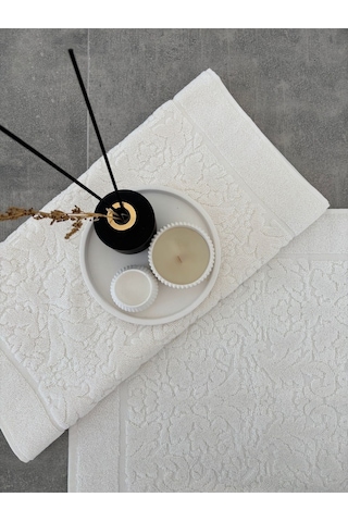 %100 Pamuklu 2'li Ayak Havlusu-damask Desen Ekru
