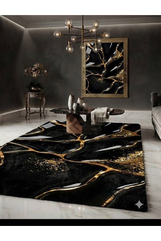Luxury Bambu Organik Pamuk Dokulu Deluxe Pufy Halı Bambu Kumaş Pamuk Kaymaz Taban 4mm Süngerli Premium Solmaz Baskı Leke Tutmaz Yıkanabilir Salon Oturma Odası Yatak Odası Halısı Modern Altın - Gri - Siyah