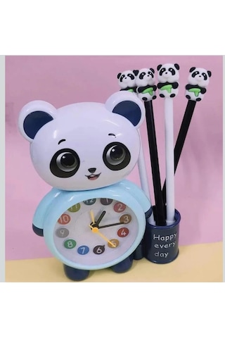 Panda Tasarımlı Saat Kalemlik Kızlar Ve Erkekler İçin Yatak Odaları Ve Oyun Odaları Saati Mavi