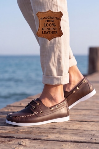 Liarca Marin Boat Shoe, %100 Hakiki Deri Kahverengi Kauçuk Sararmaz Taban Erkek Boat Shoe Mokasen Laofe... Kahverengi - Beyaz