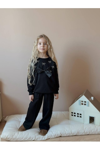Miniko Kids Kız Çocuk Bayramlık Fiyonk Modelli Taşlı 2li Pamuk Takım Siyah