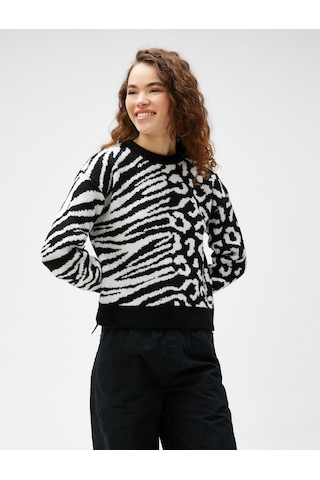 Koton Örgü Süveter V Yaka Kazayağı Desenli Ribanalı Leopar Desenli 3wal90258ht 3WAL90258HTLD5 Kahverengi