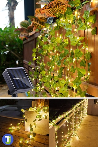 Technojet Solar Dekoratif Yapay Yaprak Sarmaşık 50 Ledli 5 Metre Güneş Enerjili Bahçe Balkon Dekoru Gün Işığı