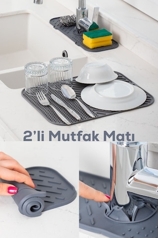 İsgstore 2 Li Çok Amaçlı Silikon Kaydırmaz Süngerlik Musluk Bulaşık Kurutma Matı Antrasit Diğer