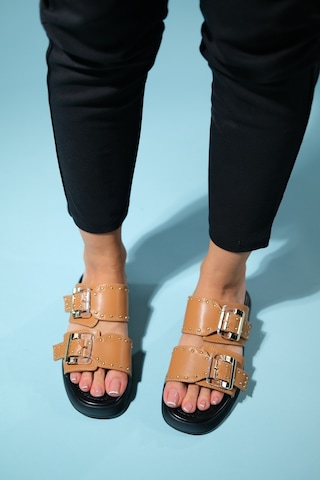Luvishoes Zley Taba Şeffaf Tokalı Kadın Terlik Taba