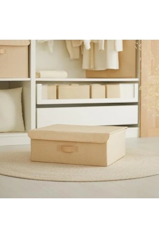 Bej Balıksırtı Desenli Kapaklı Saklama Kutusu 48 X 40 X 19 Cm 100
