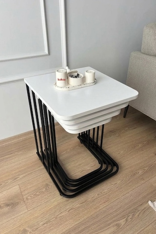 Renlife Zigon Sehpa Takımı 4'lü Metal Tekerlekli Modern Salon Oturma Odası Sehpası Siyah Beyaz