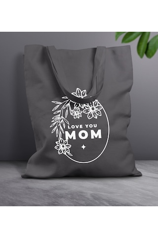 Bk Gift Anneler Günü Tasarımlı Antrasit Kumaş Bez Çanta, Baskılı Omuz Çantası, Alışveriş Çantası, Anneler Günü Hediyesi, Anneye Hediye-4 Çok Renkli