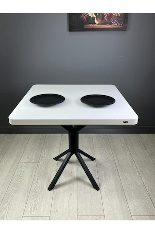 Roma Beyaz Mutfak Yemek Masası Balkon Masası Kavisli Köşe Metal Siyah Ayak 80 Cm