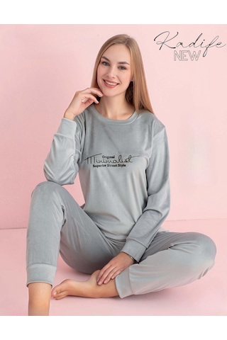 Pijamerry Kadın Kışlık Bisiklet Yaka Kadife Pijama Takımı 3023g - 1 Adet Gümüş