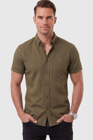 Rizzup Erkek Slim Fit Likralı Jakar Dokulu Haki Kısa Kol Gömlek Esnek Nakış Armalı 2604356
