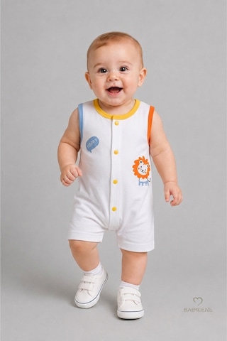 Babyden's Erkek Bebek Tulum Yazlık Pamuklu Şortlu Çıtçıtlı Aslan Baskılı Bebek Tulumu Yenidoğan Bebek Giyim 0-9 Ay Beyaz