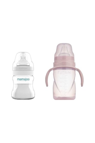 Mamajoo Antikolik Biberon 150 ml & Antikolik Akıtmaz Alıştırma Bardağı 270 ml – Powder Pink