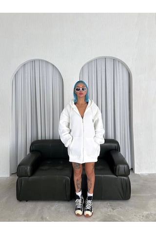 Tua Moda Oversize Tam Fermuarlı Uzun Kol Hırka - Beyaz Beyaz