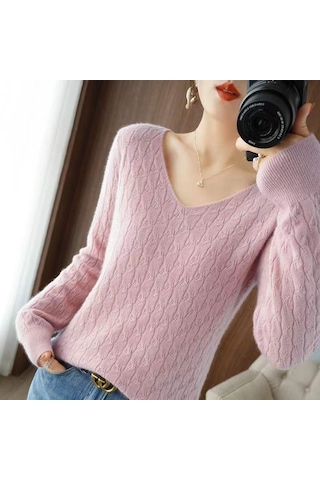 Açık Mor Gevşek Katı V Yaka Örme Kazak Kadın Ince İlkbahar Ve Sonbahar Delikli Uzun Kollu Alt Gömlek Moda Giyim Üst Xl Açık Mor