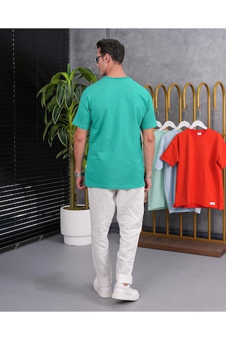 Modefendi Pamuk Likra Yırtmaç Detaylı 2 İplik Oversize Tshirt Yeşil