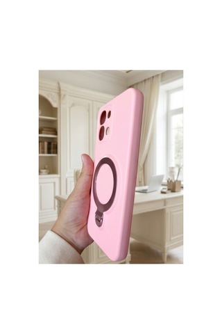 Oppo A6 Pro İle Uyumlu 360 Derece Dönebilen Kalın Metal Magsafe Halka Stantlı İçi Kadife Korumalı Ultra Lüx Premium Silikon Kılıf Pembe