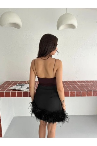 Efnaz Style Derin Dekolte Askılı Body Sırt Dekolteli Şık Kolsuz Yazlık Bodysuit - Kahverengi